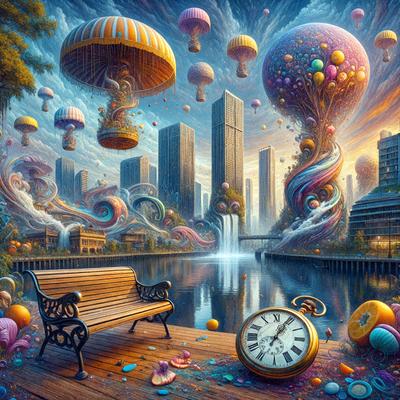 The primary subject of the image is a large clock, which is placed on a wooden platform near a body of water. The setting is a cityscape with a backdrop of buildings and a bridge. The visual style is a combination of digital art and illustration, creating a whimsical and surreal atmosphere. The colors are predominantly muted, with a focus on earthy tones and shades of blue. The overall mood of the image is one of wonder and imagination, as the clock is surrounded by various objects such as balloons, oranges, and other colorful elements.